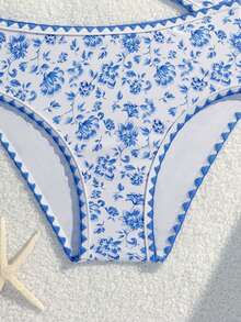 SHEIN 女童连体泳衣，撞色滚边设计，带罩裙，尺码 8-14 岁 - 藍色 - 查看 6