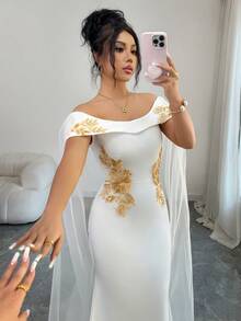 SHEIN Raffinéa Women's Off-Shoulder Embroidered Fitted Slit Dress, Elegant - White - View 6