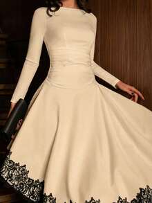 Modelyn Đầm nữ cổ tròn xếp ly eo màu đen phối ren, thanh lịch, lãng mạn, tối giản, dài ngang gối. - Màu be - Xem 5