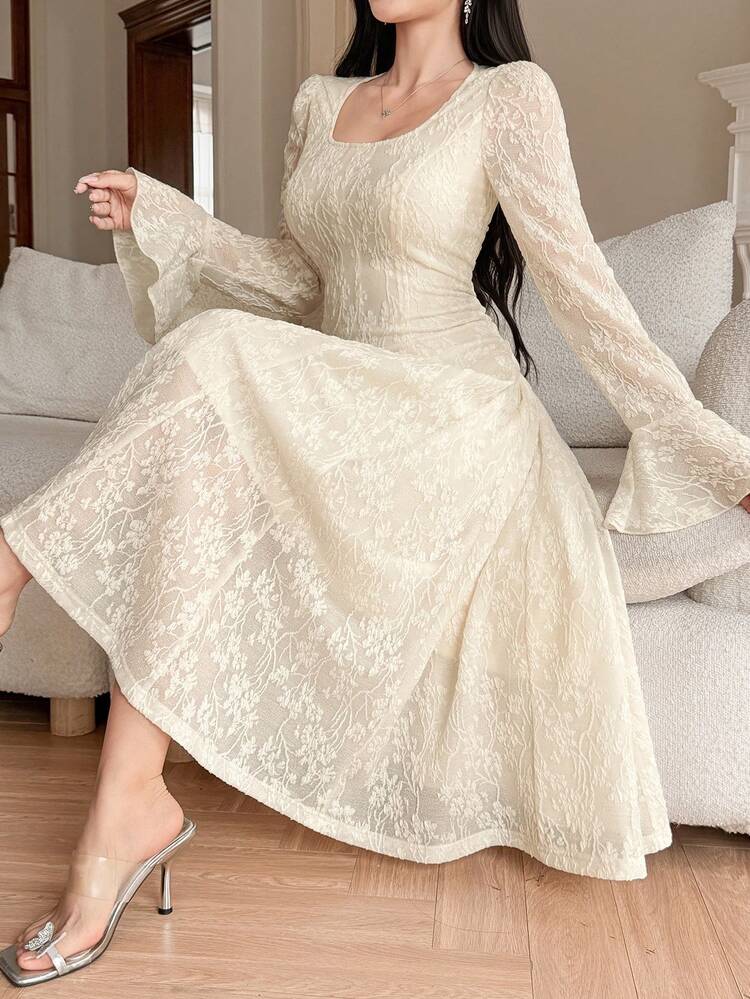 Women's Elegant Floral Textured Puff Sleeve Midi Dress, Spring/Summer Wedding Guest Dress Sundress