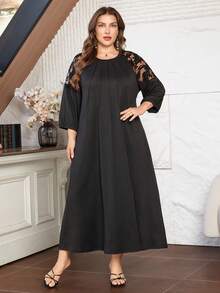 SHEIN Lacomfia Elegant Casual Lace Patchwork Round Neck Loose Fit Plus Size Women Long Dress, Spring/Summer - Multicolor - View 7