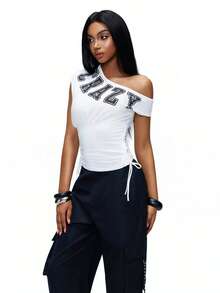 TypaGal Y2K Sexy Summer White Stylish Chic Bold Modern Women's Fashion Carnival Party Beach Vacation Street Casual  Women's Letter Print Oblique Shoulder Top - White - View 5