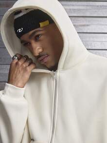 AXEPEAK 男士字母印花落肩长袖拉链前袋连帽衫 - 杏色 - 查看 6