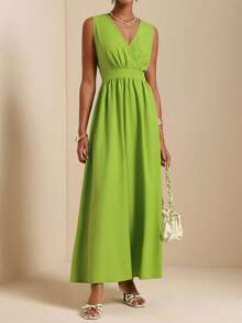 SHEIN Veneréa Women's Sleeveless Shirred Waist Gathered A-Line Dress - Green - View 5