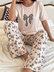 SHEIN 少女豹纹蝴蝶结印花短袖上衣和裤子家居服套装，适合甜美、优雅、热爱时尚的女孩 - 杏色 - 查看 6