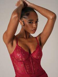 SHEIN BAE Lace Contrast Mesh Ladies' Sexy Lingerie Nightdress 2pcs/Set (Underwire Bra & Dress + G-String Panty) - Burgundy - View 7