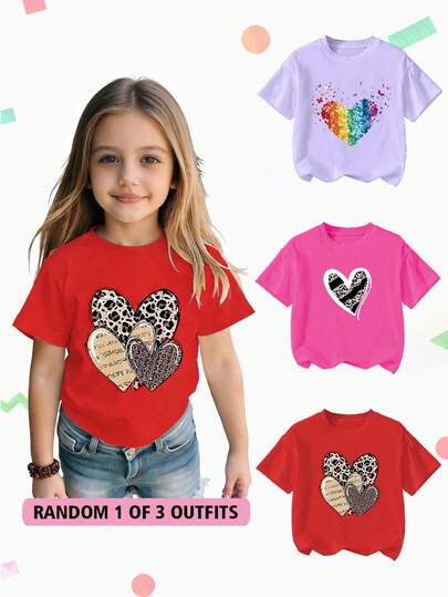 Set de 3 camisetas de manga corta con estampado de leopardo y gráfico de corazón, de estilo casual y versátil para niñas jóvenes, en caja sorpresa para primavera/verano