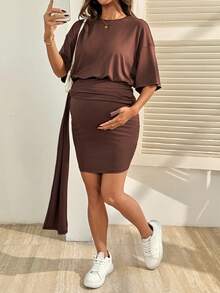 SHEIN Elegant Maternity Summer Dress, Simple Solid Color Loose Drop Shoulder Pleated Fitted Dress - Brown - View 6