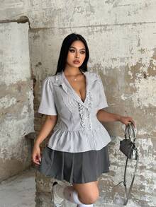 POPSWAY Plus Size Women Summer Casual Vacation Daily Commute Striped Print Peplum Hem Blouse - Multicolor - View 4