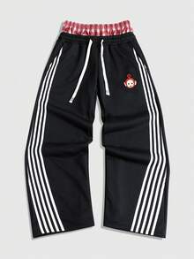 ROMWE MEN Teletubbies X ROMWE 男士美式街头风撞色条纹腰带拼接印花运动裤 - 黑色 - 查看 8