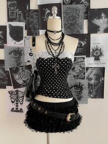 Attitoon Blusa de mujer con estampado de lunares vintage, parches y encaje, adecuada para primavera, fiestas, Pascua, salir, color negro, para volver al colegio, con estilo vintage, sexy, linda, Y2K, estilo coco, bohemio, hippie, festivales de música, fiestas - Negro - Ver 4