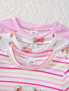 SHEIN Playful Pals Bộ 6 món cho bé gái sơ sinh 0-3 tuổi, mùa xuân hè, kiểu dáng dễ thương, áo thun và quần short họa tiết thỏ, màu trơn và kẻ sọc. - Hồng - Xem 8