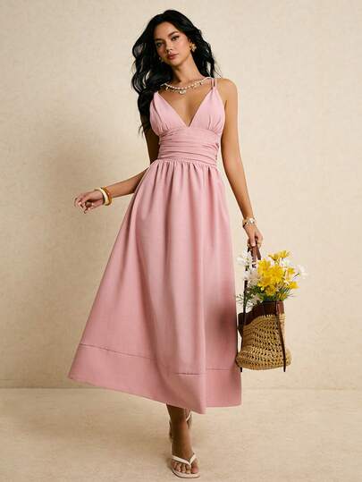 Poéselle Women's Simple Pink Ruched Waist Camisole Dress,Pink Dress ,Vacation Outfits Women,Holiday Outfits For Women ,Casual Dresses For Women,Beach Dresses For Women,Summer Dresses For Women,Spring/Summer