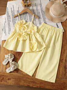 SHEIN 2pcs Young Girl Woven Solid Striped 3D Floral Camisole And Long Pants Set - Yellow - View 3