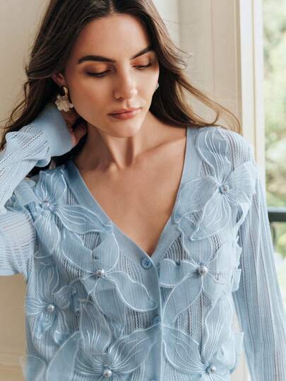 Anewsta Elegant Baby Blue Openwork Cardigan With 3D Floral Pearl Knit, Suitable For Spring/Summer Occasions: Going Out, Leisure, Formal, Party, Fashionable, New Year, Valentine's Day, Wedding