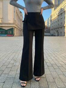 Modelyn Pantalon évasé 2 en 1 élégant pour le travail et les déplacements, de couleur unie simple et polyvalent avec boutons pour femmes - Noir - Voir 1