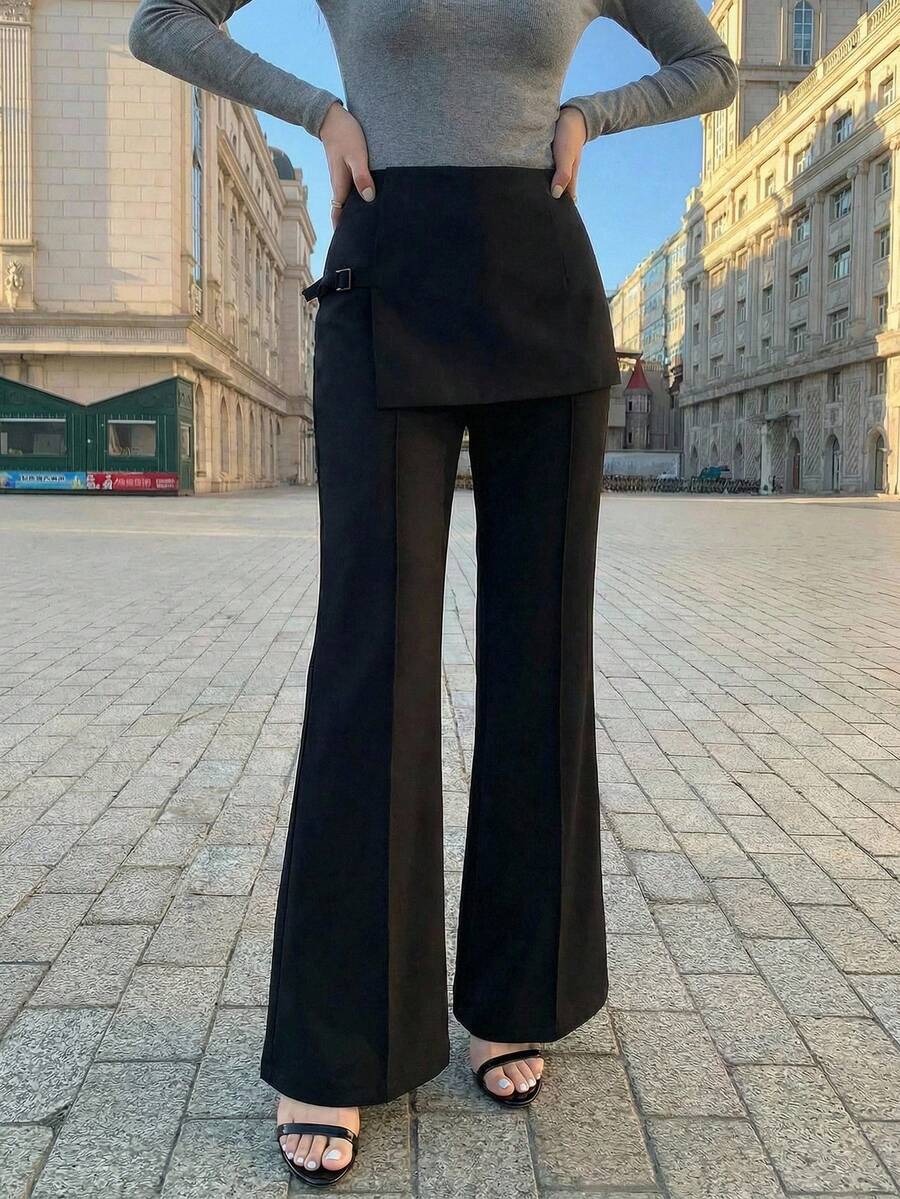 Modelyn Pantalon évasé 2 en 1 élégant pour le travail et les déplacements, de couleur unie simple et polyvalent avec boutons pour femmes - Noir - Voir 1