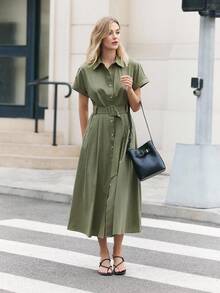 BizChic Women's Solid Color Button Front Slant Pocket Short Sleeve Dress, Urban Commute Business Casual Elegant Formal Party Dress For Halloween, Christmas, Gatherings - Army Green - View 7