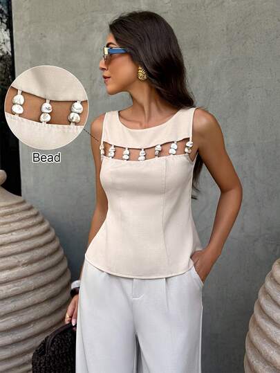 Selianne Women's Sleeveless Casual Vacation Beaded Cinched Waist Top, Elegant Vacation Wear, Everyday Casual Blouse, Commuter Top