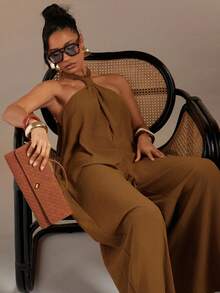 Hauture Women's Sexy Solid Color Backless Halter Neck Loose Jumpsuit - Camel - View 3