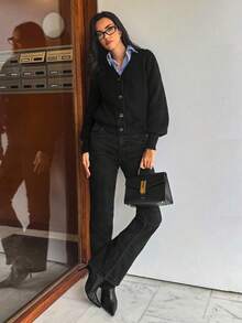 Aidyla 休闲纯色开衫，秋季，长袖上衣 - 黑色 - 查看 1