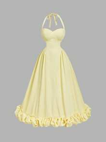 SHEIN MOD 女式纯色褶皱褶皱下摆优雅挂脖连衣裙 - 黃色 - 查看 4