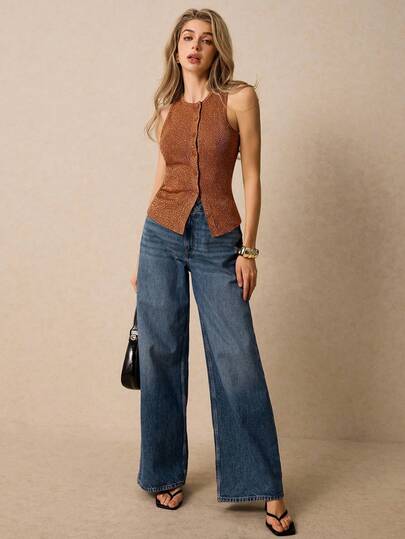 Poéselle Women's Simple Solid Color Ribbed Front Button Tank Top, Summer Western Top Western Wear Women Outfit Rust Brown Top 70s Outfit Women