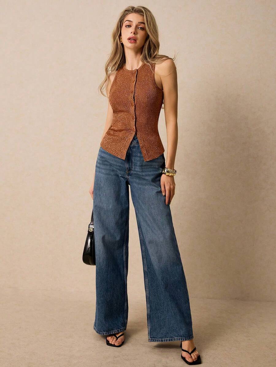 Poéselle 女士简约纯色罗纹前开襟背心，夏季 - 棕色 - 查看 1