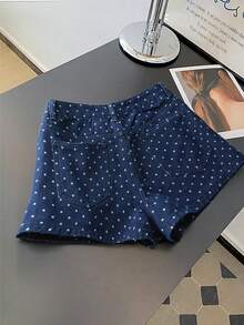 GlowEve 女士休闲波点印花牛仔短裤，适合日常通勤和度假，夏季 - 藍色 - 查看 4