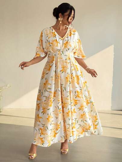 Firerie Vestido midi de línea A con pliegues, cintura alta, cuello en V y estampado floral, talla grande, estilo elegante para uso diario y vacaciones, primavera/verano