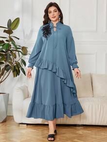 Lacomfia Gaun Ukuran Besar Elegan dengan Kerah Tinggi dan Aplikasi - Dusty Blue - View 1