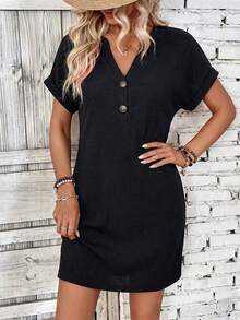 EMERY ROSE 女士休闲纯色V领迷你连衣裙，夏季 - 黑色 - 查看 5