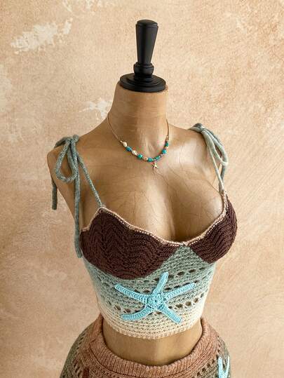 Soleia 女士渐变海星贴花镂空针织吊带背心和针织迷你裙性感两件套，适合派对、晚宴、约会、海滩、夏季等场合。