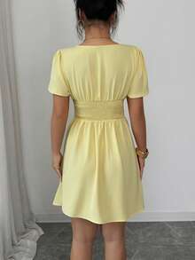 Selianne Women's Elegant Ruched U-Neck Tie-Waist A-Line Ruffle Sleeve Pale Yellow Summer Dress,Suitable For Work,Vacation,Day Party,High Tea,Spring Short Dress - Pale Yellow - View 2