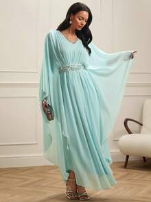 Lilora Women's Elegant Mint Green V-Neck Maxi Dress Long Batwing Sleeve Ruched Flared Hem Flowy Chiffon Gown - Mint Green - View 5