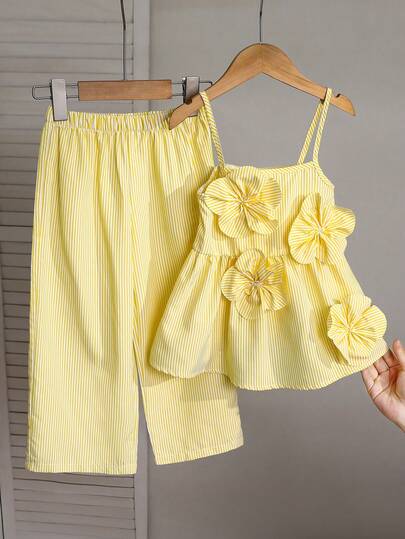 SHEIN 2pcs Young Girl Woven Solid Striped 3D Floral Camisole And Long Pants Set