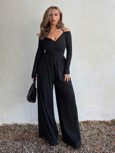 Jeta Ari 女式纯色露肩褶饰阔腿休闲连体裤