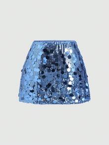 Sweetra Petite Chân váy mini ôm sát dáng chữ A, cạp cao, lấp lánh, thắt nơ, thích hợp cho mọi mùa. - Màu xanh lam - Xem 2