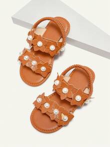 Cozy Pixies 1 pereche de sandale plate pentru copii, drăguțe fete, distracție prințesă, în aer liber, tridimensionale, flori cu perle, idilice, vacanță, la modă, versatile, petrecere, vară - Maro - Vizualizare 5