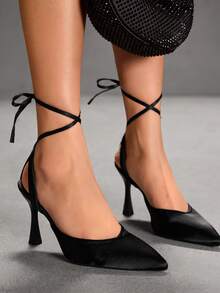 CUCCOO SZL Fashionable, Elegant And Sexy Black Lace-Up High Heel Pumps Valentine's Day - Black - View 3
