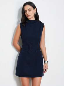 Aveloria Modichic New Elegant Commuter Style Mini Dress With Belt Decor - Navy Blue - View 4