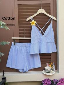 Comfortcana 夏季度假服装沙滩两件套女士海岛度假服装 - 藍色 - 查看 1