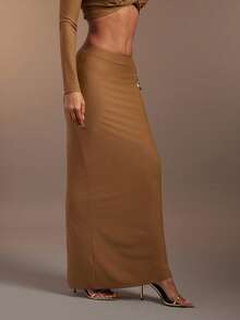 Hauture Brown Elastic Waistband Maxi Bodycon Skirt With Back Slit - Brown - View 5