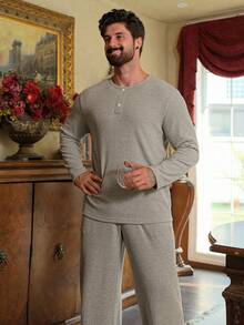 DAZY Men's Ribbed Texture Fabric Grey Casual Loungewear Set, Spring/Summer - Grey - View 1