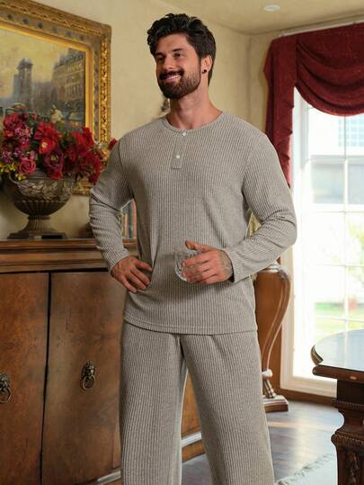 DAZY Men's Ribbed Texture Fabric Grey Casual Loungewear Set, Spring/Summer
