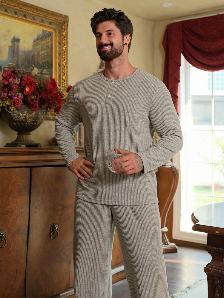 Men's Ribbed Texture Fabric Grey Casual Loungewear Set, Spring/Summer