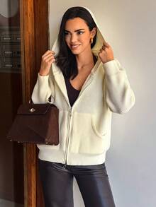 Aidyla Áo khoác cardigan hoodie có mũ trùm đầu cỡ lớn, thoải mái, có thể đảo ngược, khóa kéo, áo khoác len dệt kim đa năng thời trang cho mùa thu/đông - Kem - Xem 6