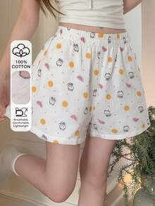 DAZY Cute Cartoon Bear & Fruit Print Textured Fabric Short Women Pajama Bottoms - White - View 3