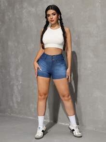 SHEIN Tall Women's Casual Everyday Commute High Stretch Slim Fit Denim Shorts, Summer - Dark Wash - View 6