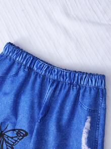 SHEIN Quần ống rộng dáng suông phong cách thường ngày cá tính dành cho bé gái tuổi teen, họa tiết chữ cái và nơ, chất liệu denim, phù hợp cho các bé gái trước tuổi teen, quần ống thẳng in hình graffiti, thời trang thường ngày, mặc hàng ngày. - Màu xanh lam - Xem 6